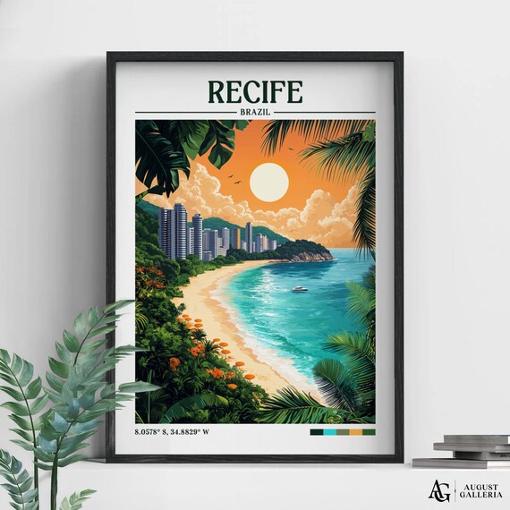 Recife Brazil Travel Poster Tropical Beach City Skyline Scenic Artwork