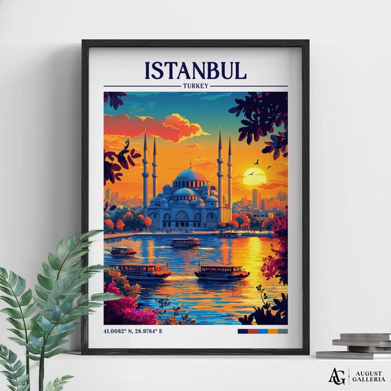 Istanbul Turkey Blue Mosque Sunset Ferry Retro Travel Poster