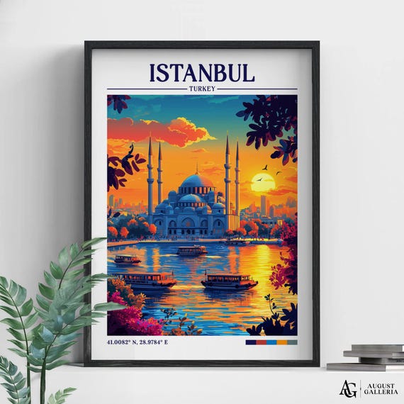 Istanbul Turkey Retro Travel Print Wanderlust Posters Illustration Wall Art Framed Prints Canvas Poster