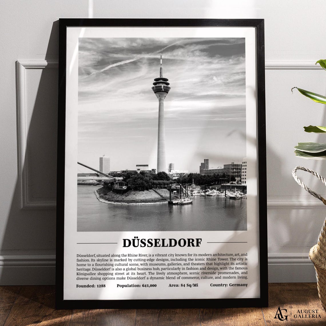Dusseldorf Germany Black And White Rhine Tower River View Poster
