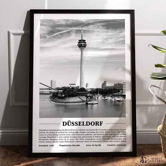 Dusseldorf Germany Black And White Rhine Tower River View Poster