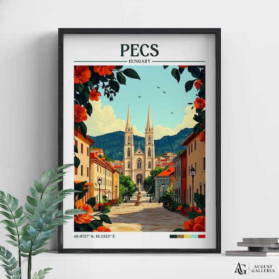 Pecs Hungary Vintage Cathedral Street Old Town Travel Poster