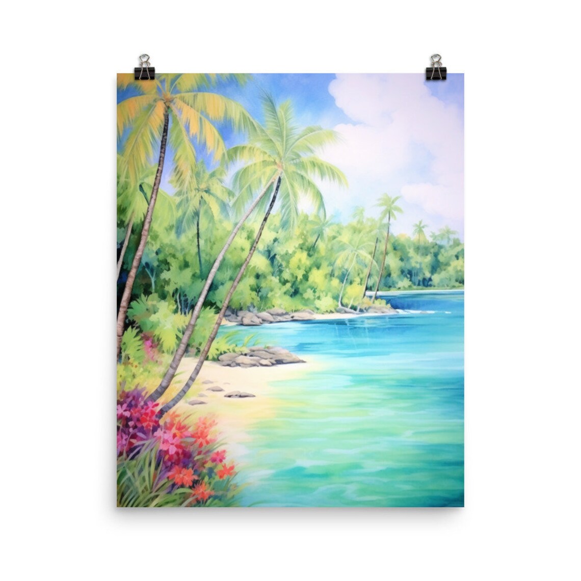 Coral Coast Watercolor Print, Fiji Tropical Beach