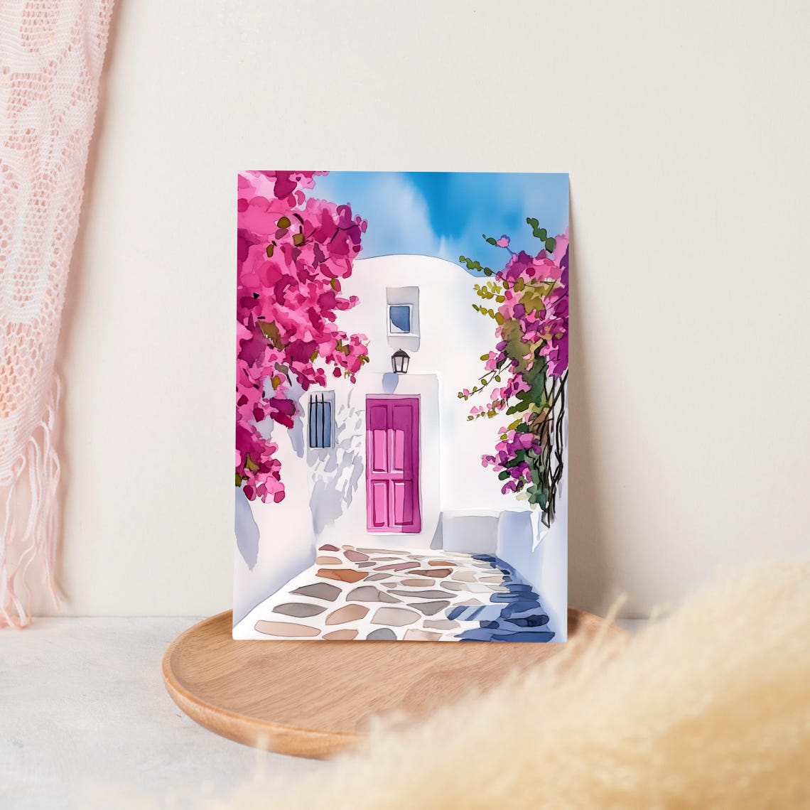 Traditional Greek White House Pink Door Bougainvillea Cycladic Poster - Image 3