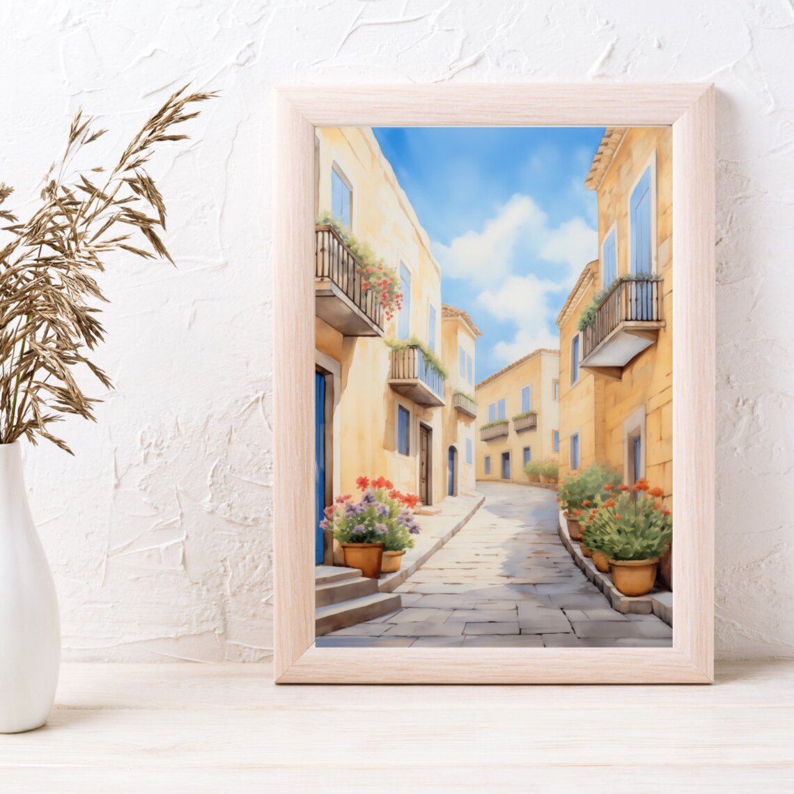 Ragusa Sunlit Stone Street with Flowering Balconies Watercolor Poster - Image 3