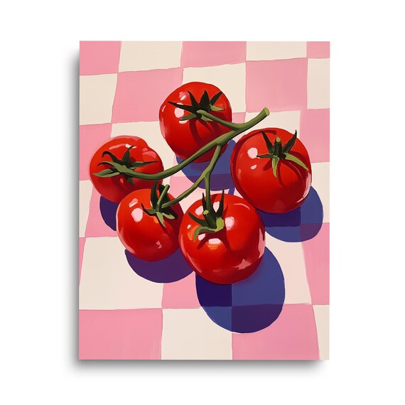 Retro Cherry Tomatoes on Pink Checkered Tablecloth Kitchen Fruit Poster