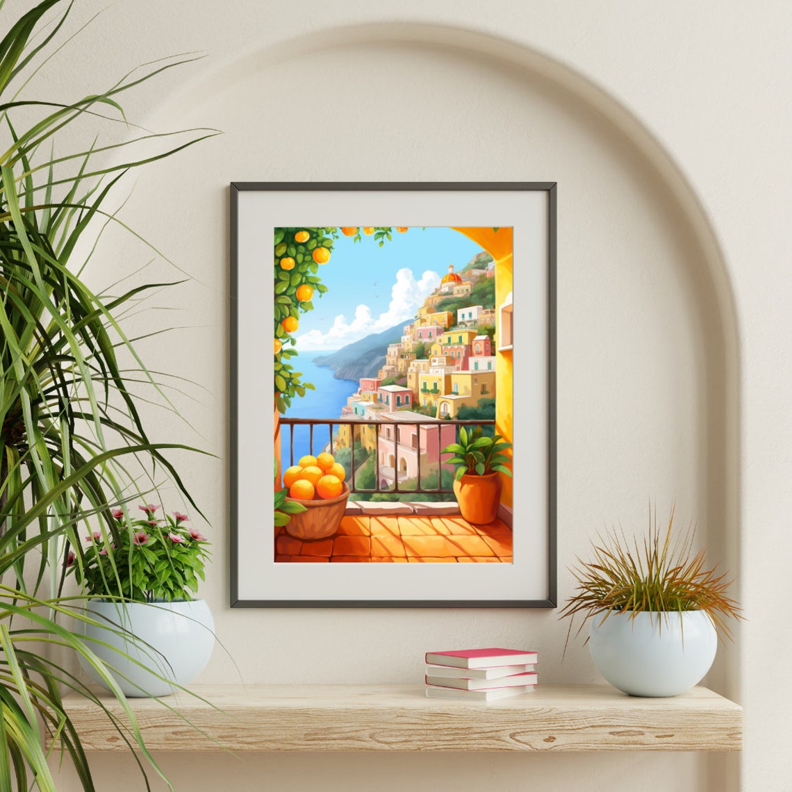 Positano Balcony View with Orange Tree and Cliffside Town Poster - Image 3