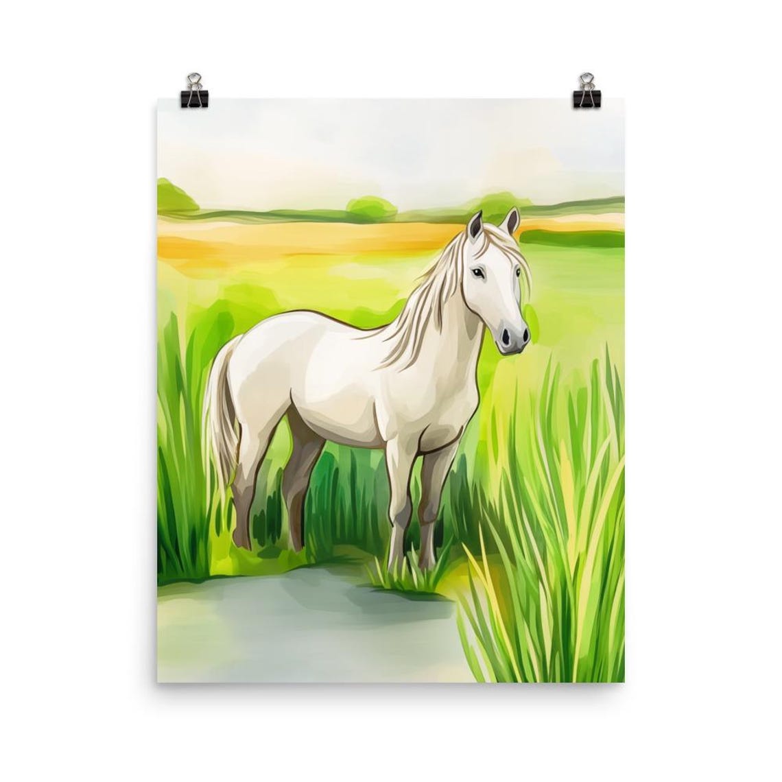 Camargue White Horse Green Marsh Reeds Scene Watercolor Poster