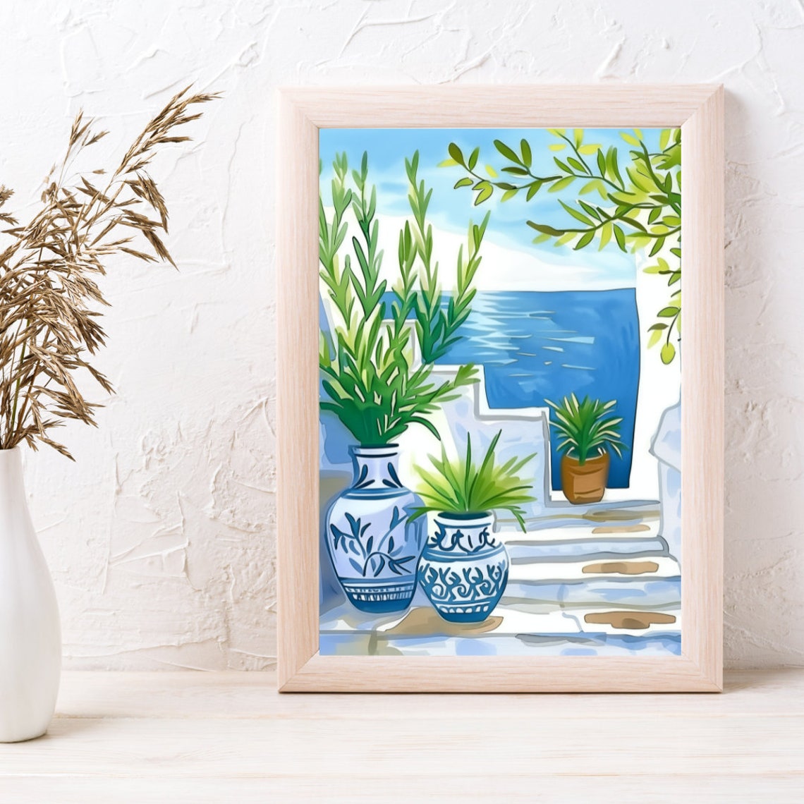 Greek Olive Branch Blue White Vases Sea Steps Watercolor Poster - Image 3
