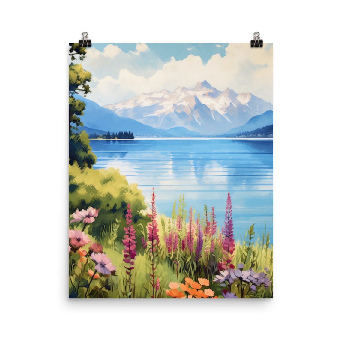 Lake Geneva Watercolor Travel Poster, Switzerland