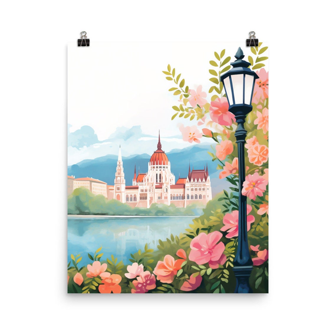 Budapest Parliament Across the Danube in Bloom Watercolor Art Poster