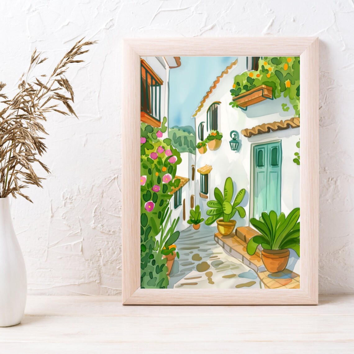Frigiliana White Alleyway Green Door Potted Plants Scenic Poster - Image 3