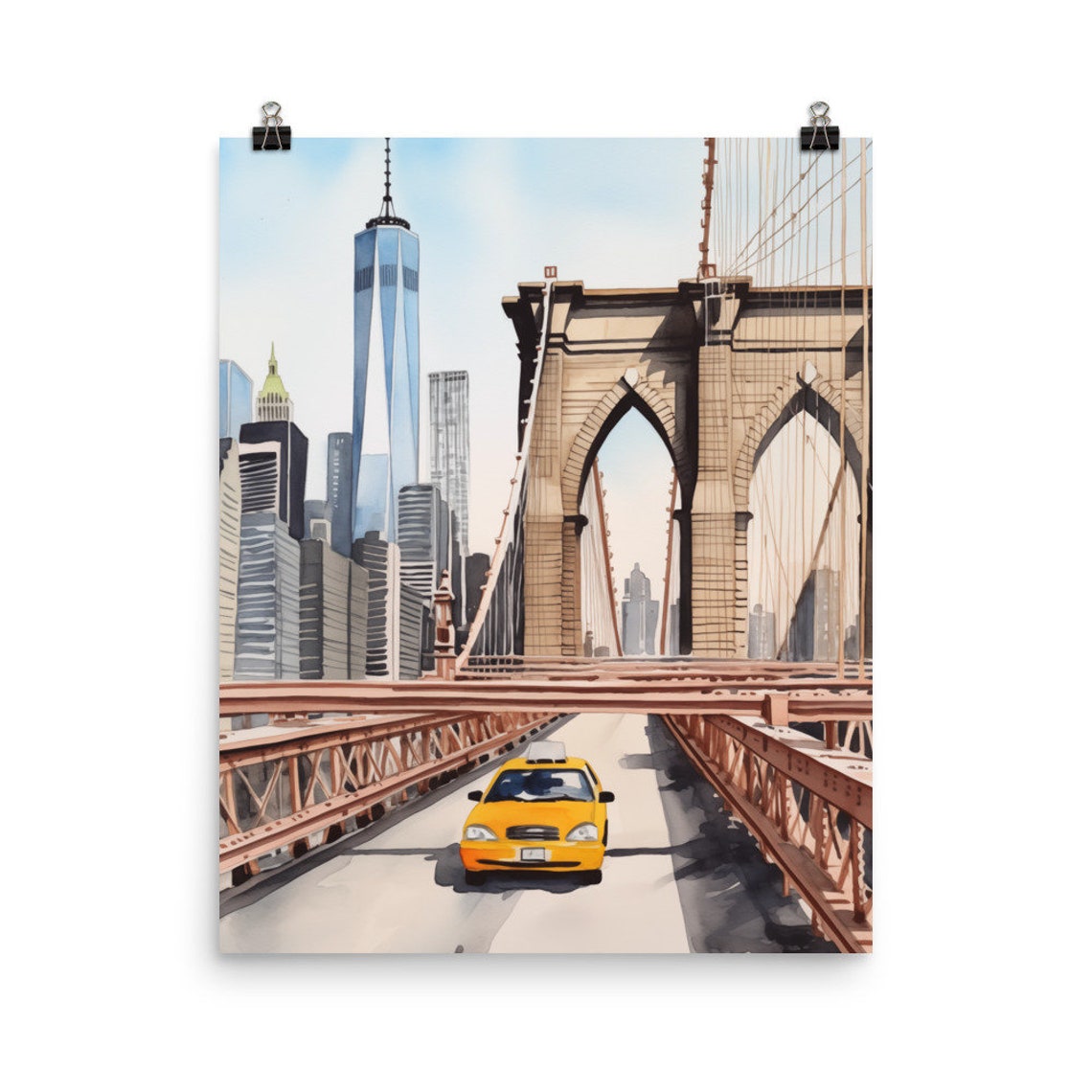 Yellow Taxi Crossing Brooklyn Bridge Skyline Watercolor Poster