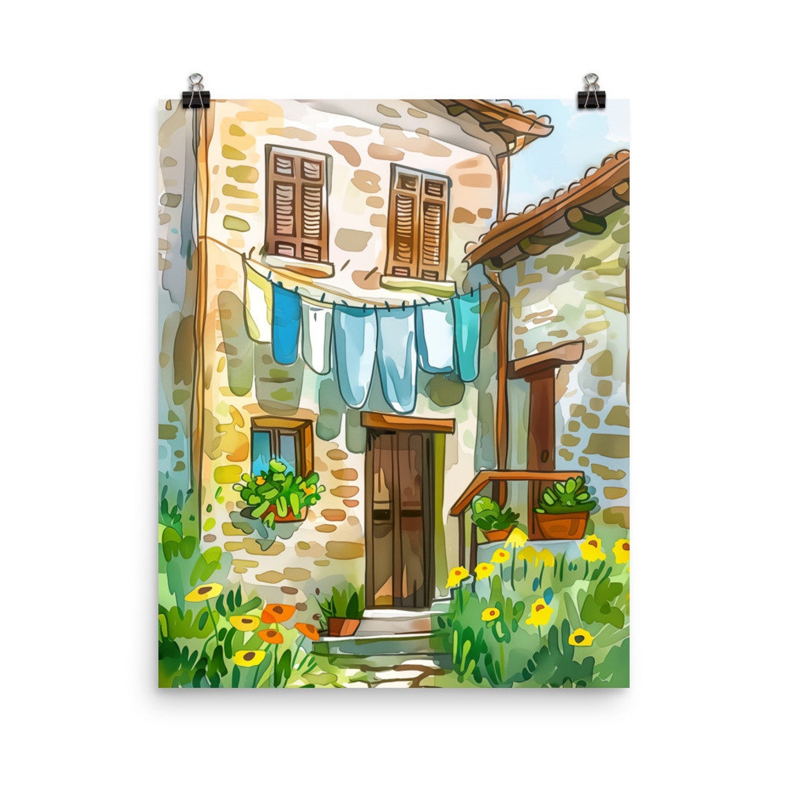 Pienza Rustic Stone Cottage with Laundry Line and Flowers Poster