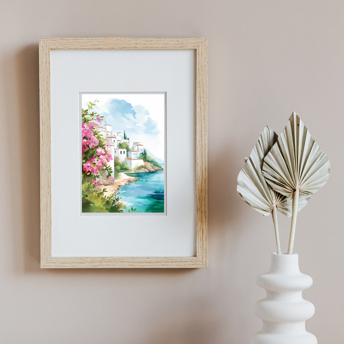 Naxos Whitewashed Hillside Town with Bougainvillea Watercolor Poster - Image 2