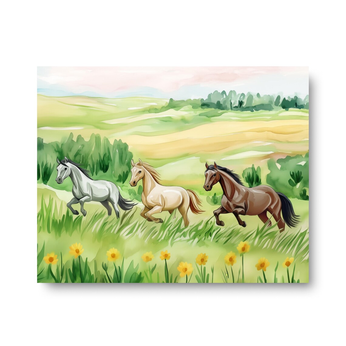 Wild Running Horses In Green Meadow Watercolor Animal Art Print