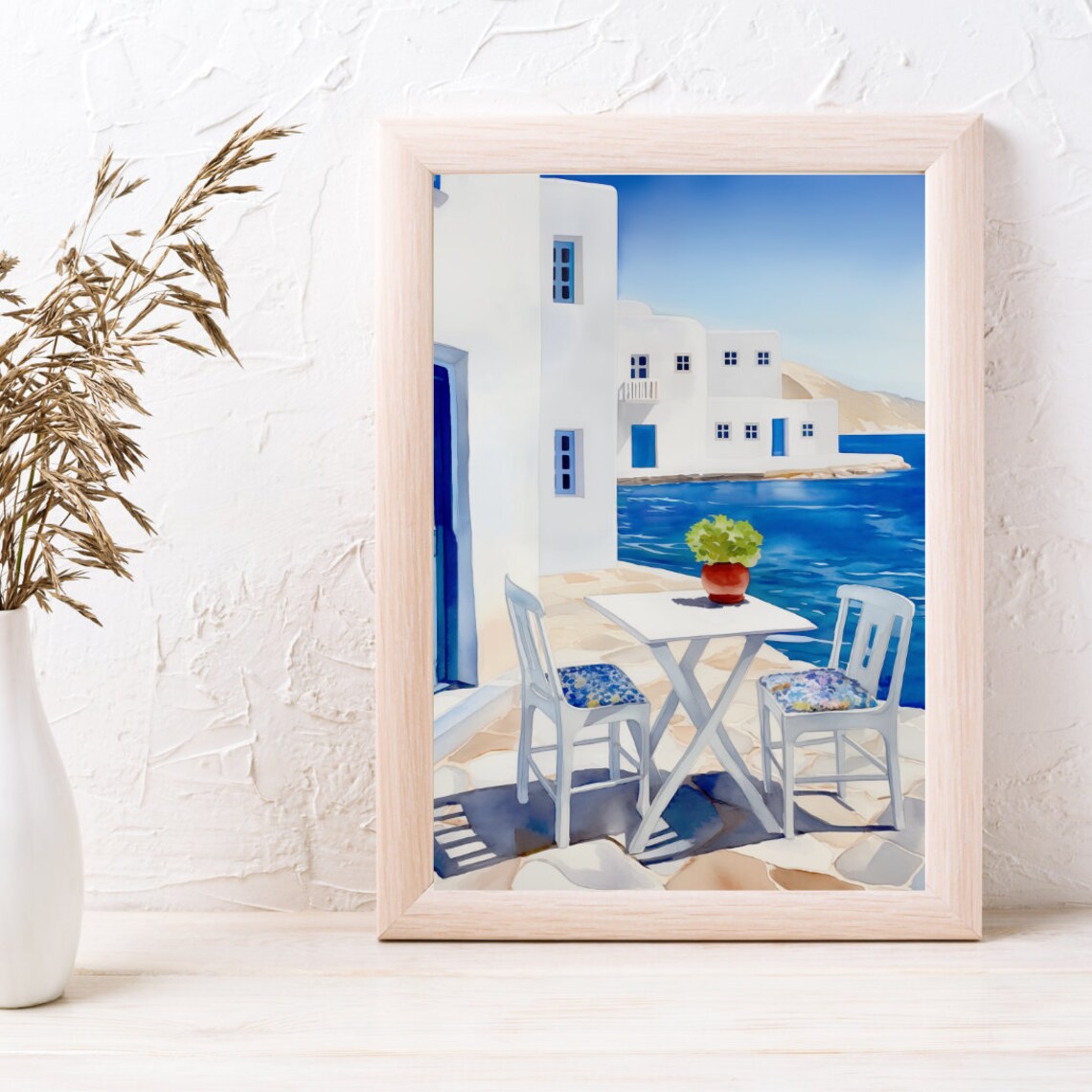 Paros Greek Island Seafront Cafe White Buildings Blue Sea Poster - Image 3