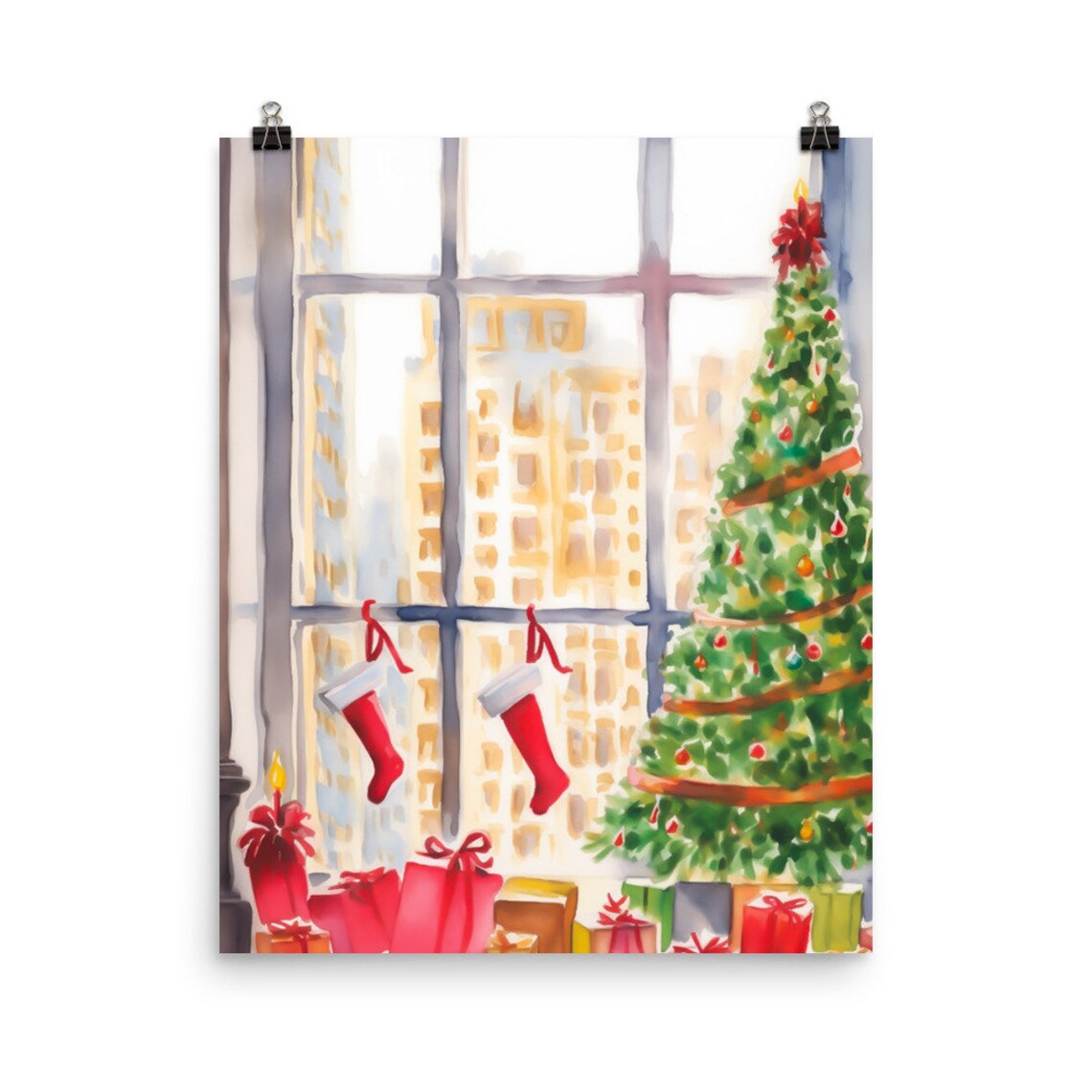 Christmas In NYC Watercolor Art Print, Holiday Gift