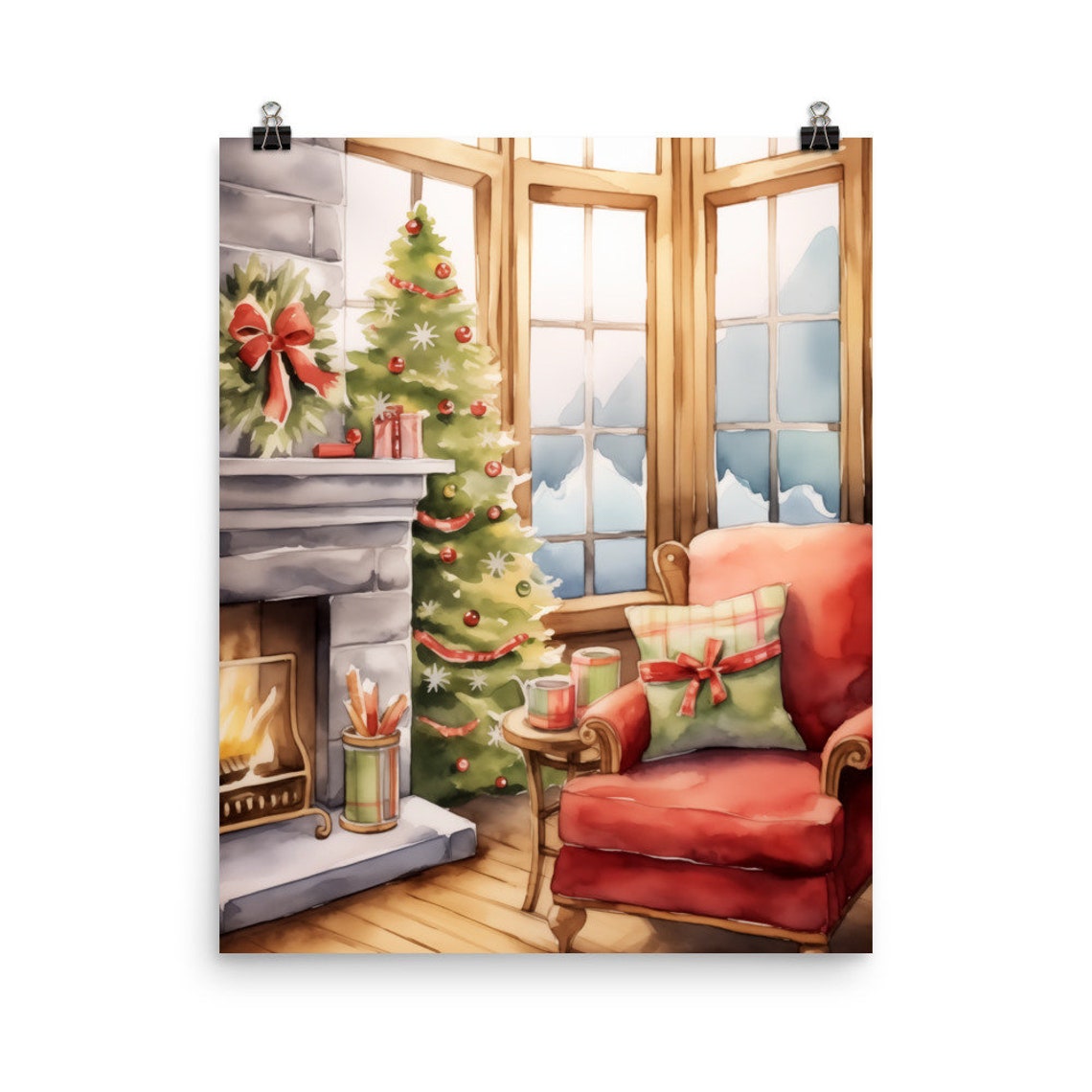 Swedish Christmas Watercolor Poster Cozy Cabin Fireplace Tree Scene
