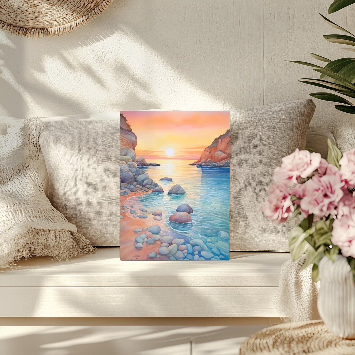 Ikaria Greece Sunset Rocky Cove Watercolor Seascape Travel Poster