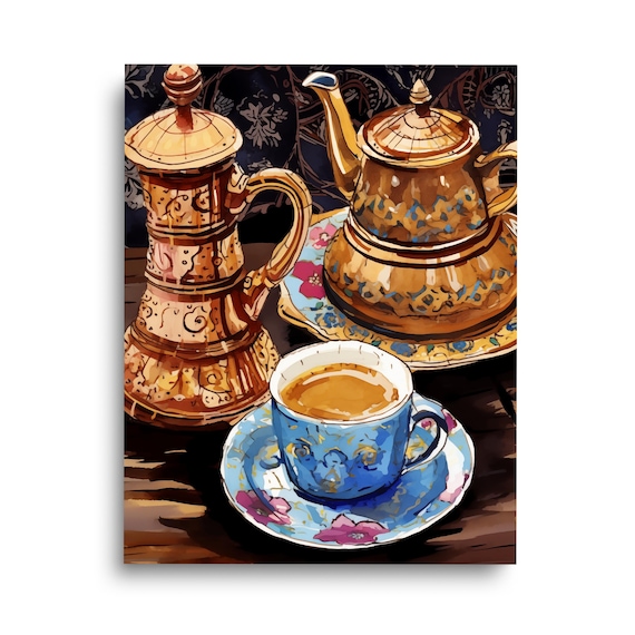 Ornate Turkish Coffee Copper Pots Still Life Watercolor Poster