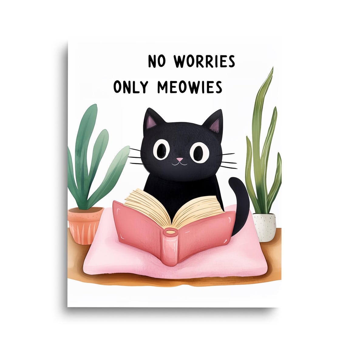 No Worries Only Meowies Funny Black Cat Reading Book Watercolor Print