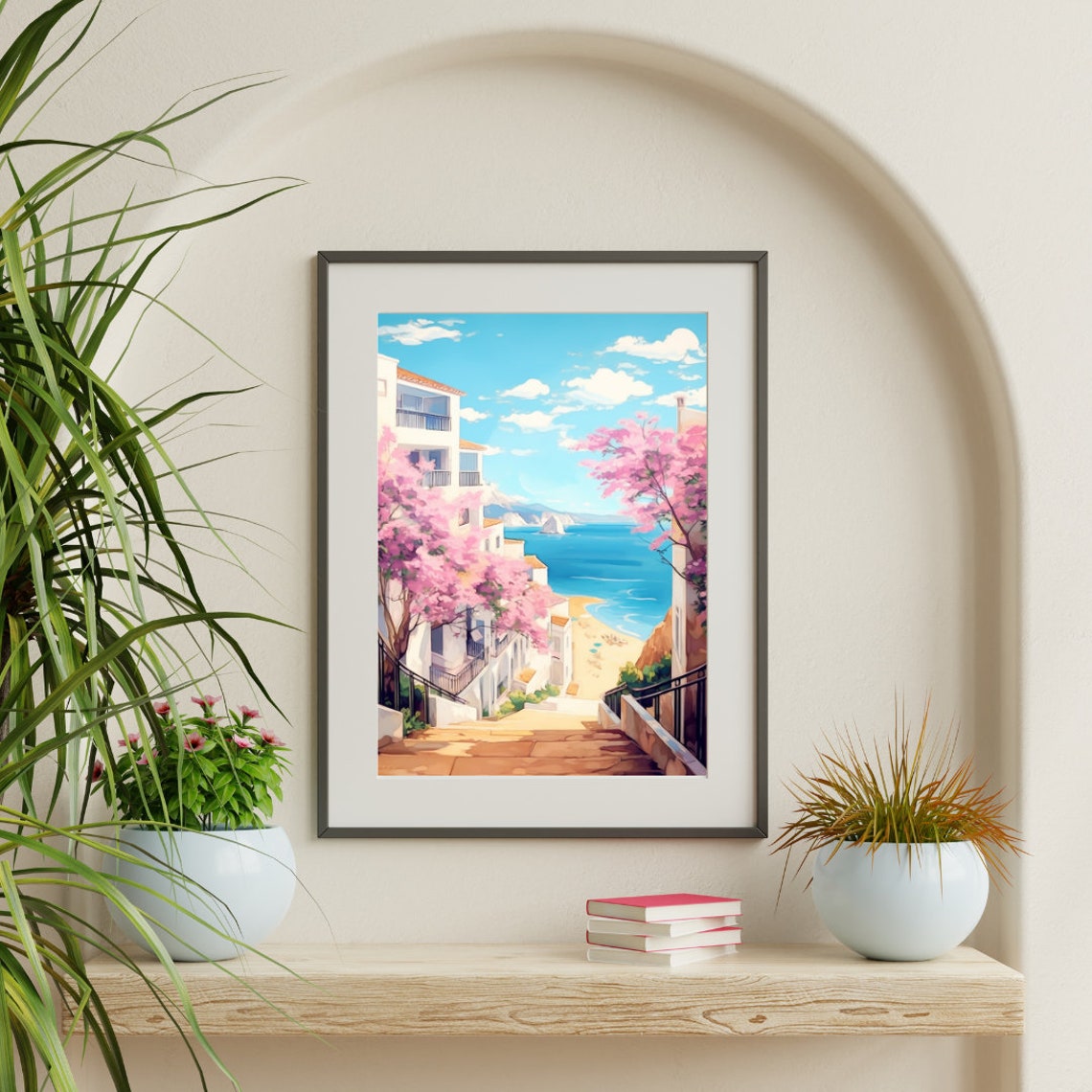Albufeira Stairs Down to the Beach with Blossom Trees Poster - Image 3