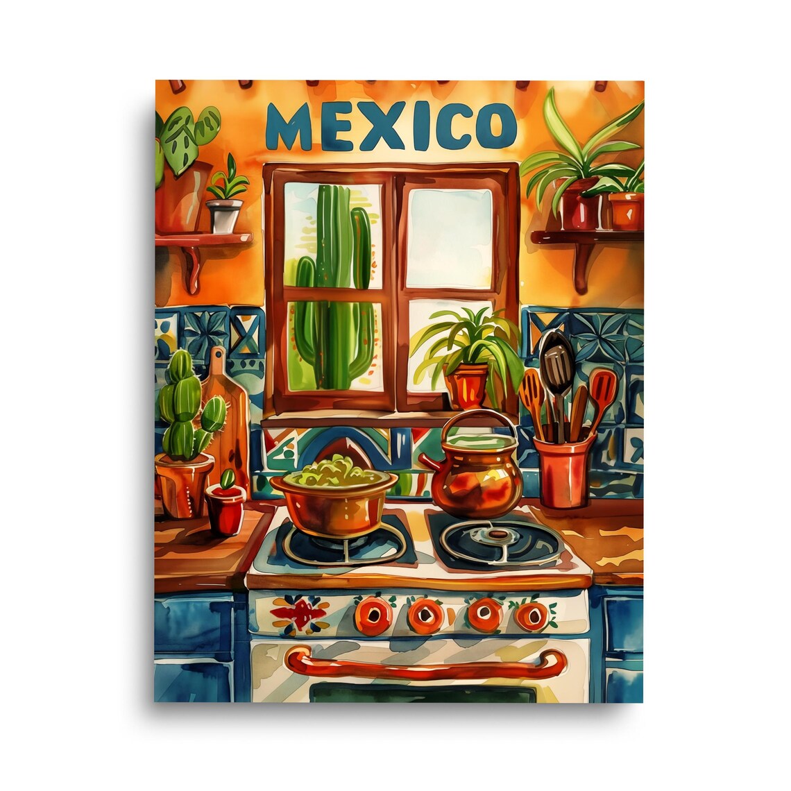 Mexican Kitchen Watercolor Art Print, Travel Decor