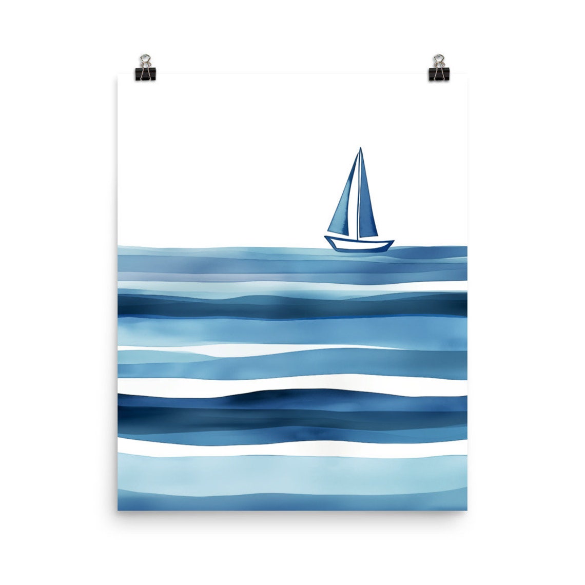 Minimalist Blue Sailboat Gliding on Layered Waves Ocean Art Poster