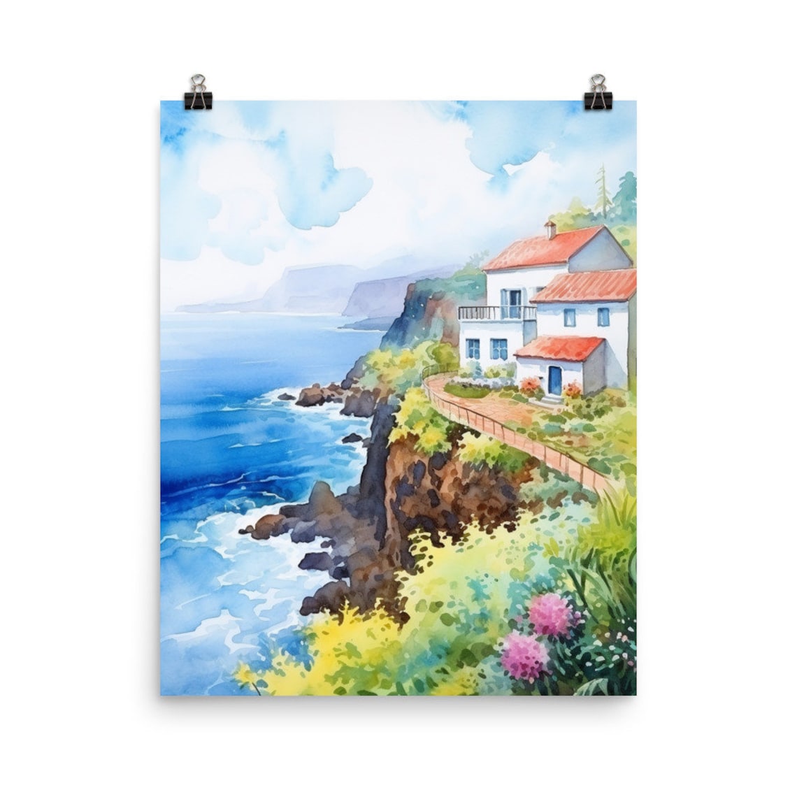 Madeira Cliffside White Houses Above The Ocean Watercolor Poster