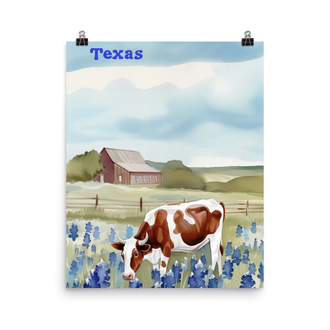 Texas Bluebonnet Field With Grazing Cow and Red Barn Watercolor Poster