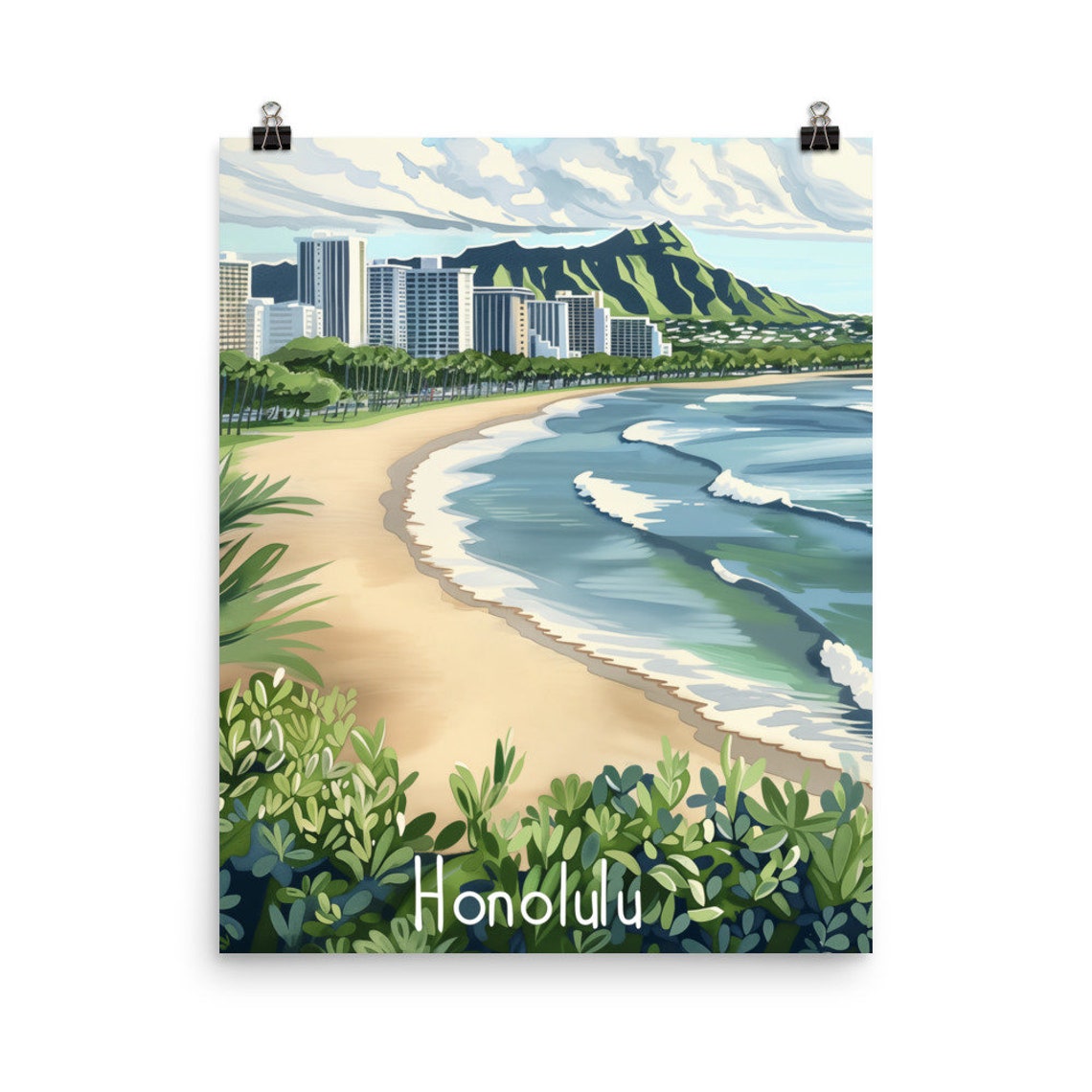 Honolulu Waikiki Beach With Diamond Head Crater Hawaii Poster