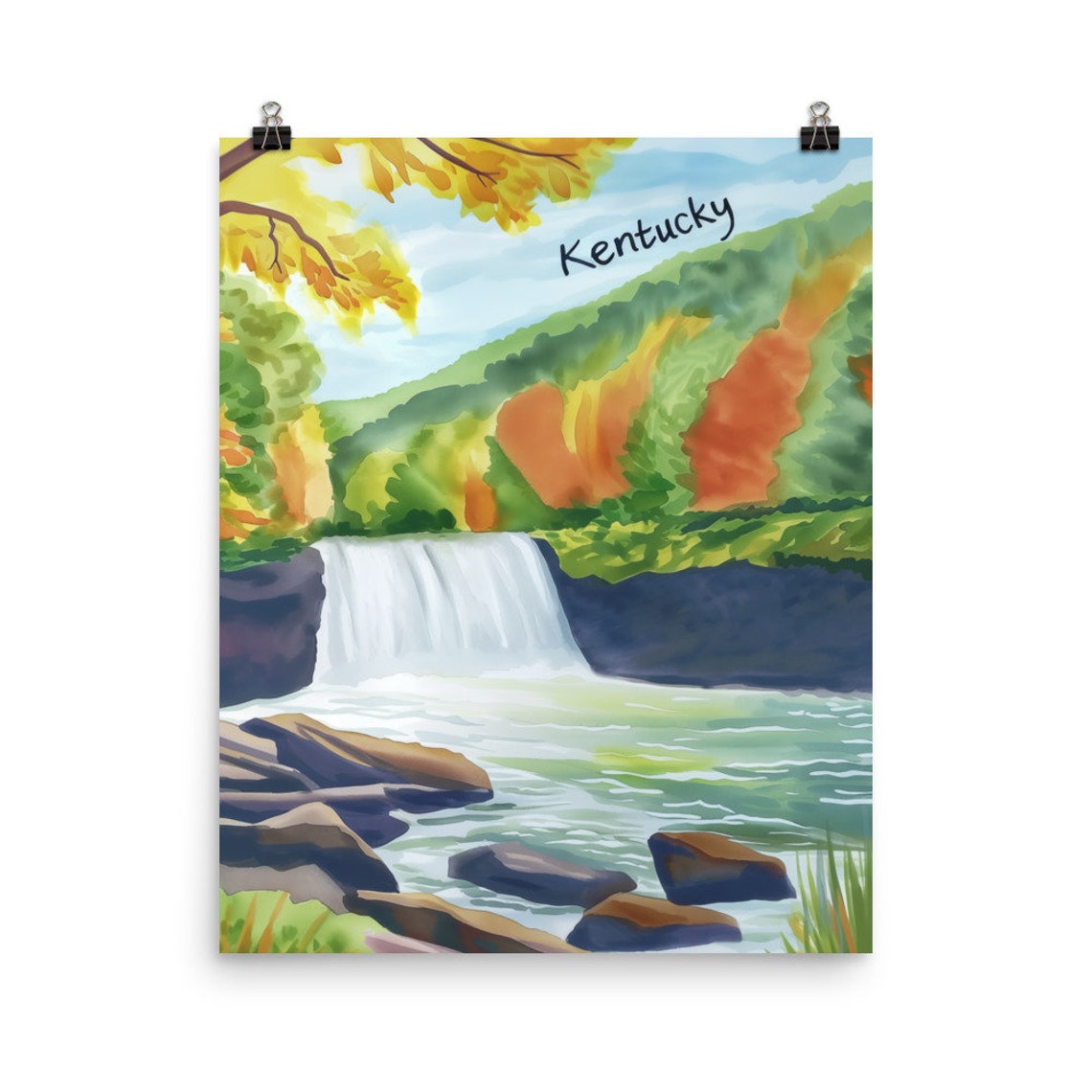 Kentucky Autumn Waterfall Forest Landscape Watercolor Travel Poster