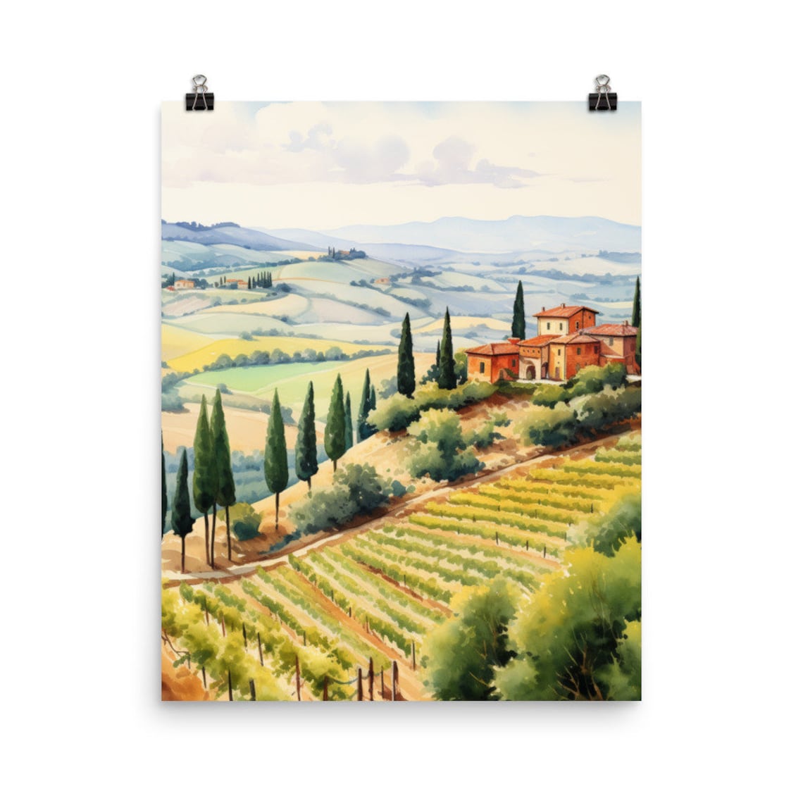 Tuscany Watercolor Travel Poster, Italian Landscape