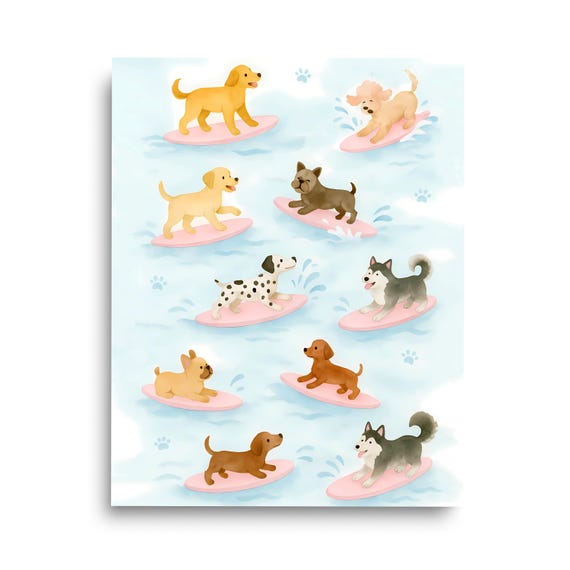 Dogs On Surfboards Watercolor Print Dog Wall Art Cute Pets Home Decor Pet Lover Gift Doggo Poster Surfing Artwork Surf Beach