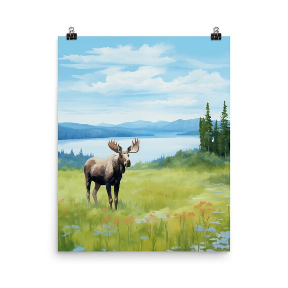 Moose In Wildflower Meadow Lake Watercolor National Park Poster