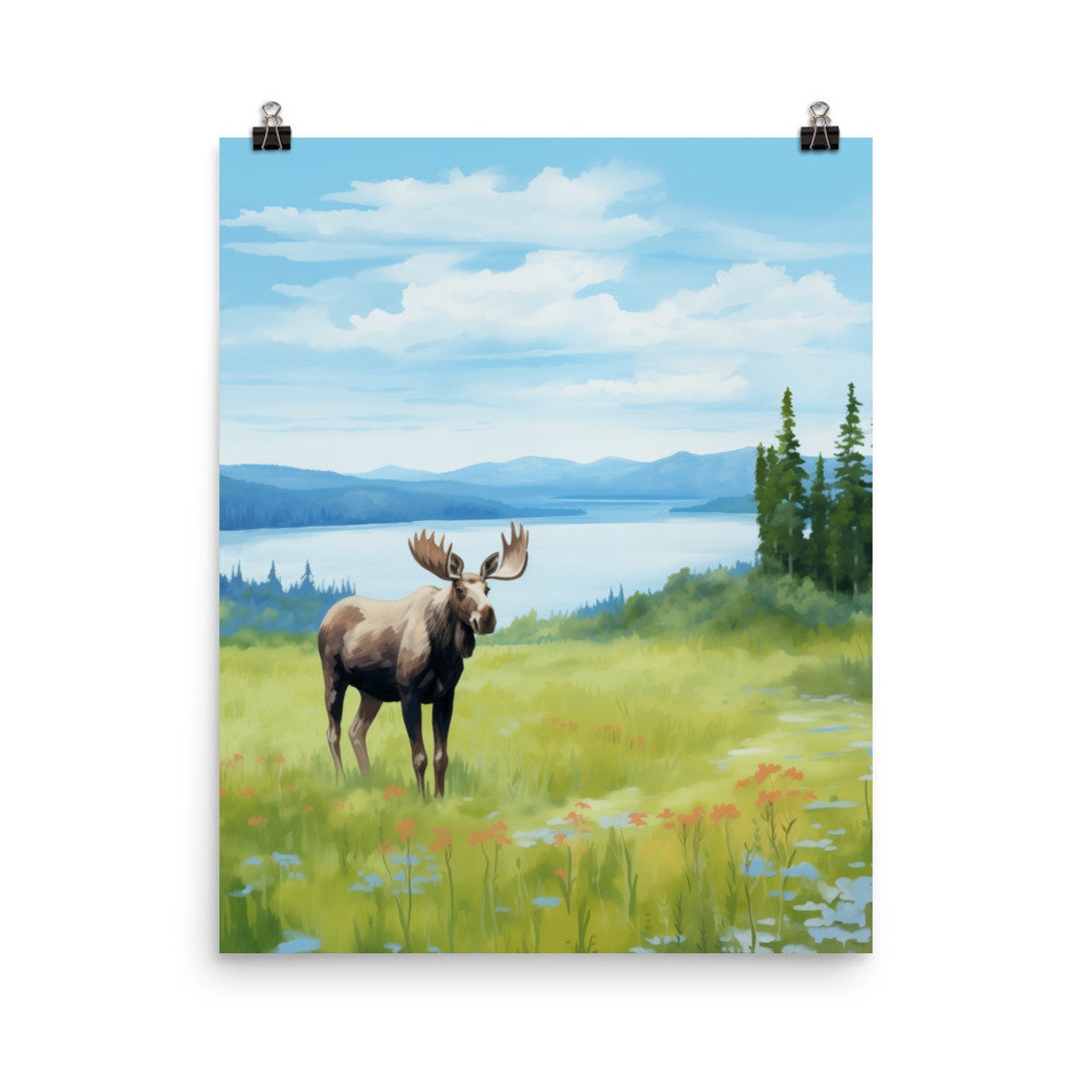 Moose In Wildflower Meadow Lake Watercolor National Park Poster