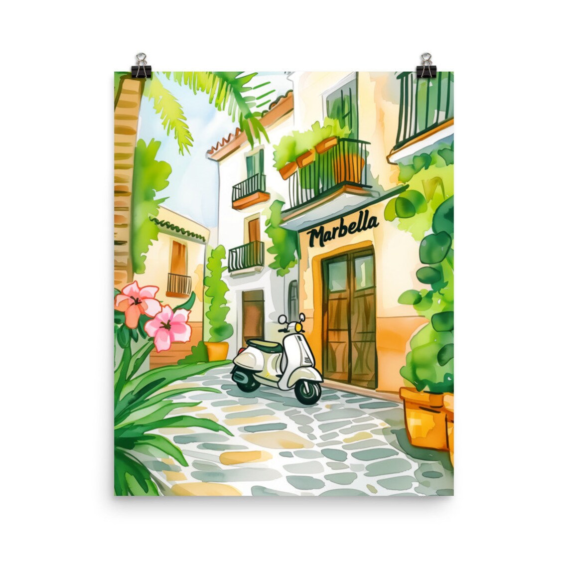 Marbella Spain Street Scooter Bougainvillea Watercolor Travel Poster