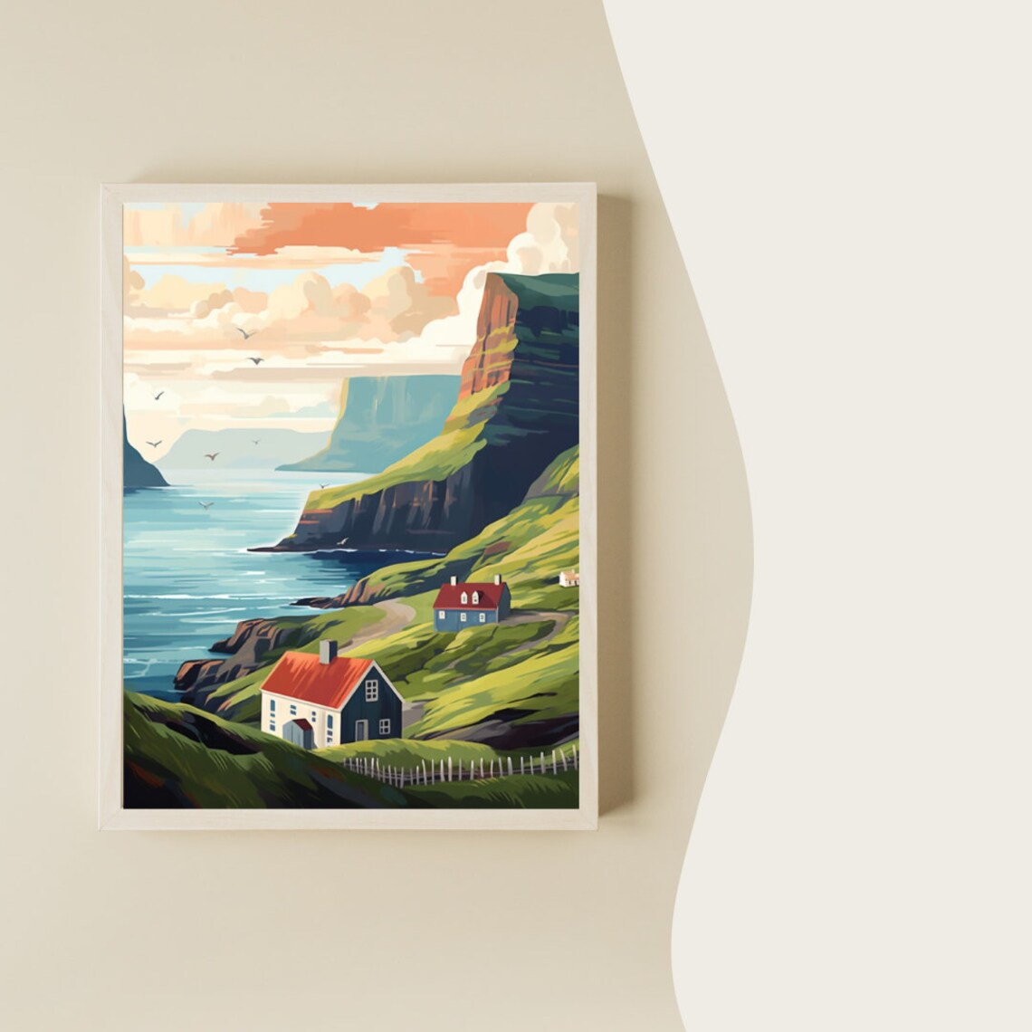 Faroe Islands Sea Cliffs Green Grass Houses Watercolor Poster - Image 2
