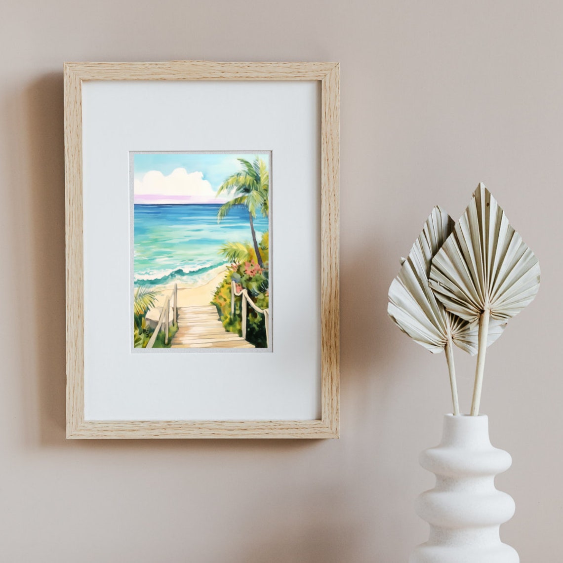 Wooden Steps to Turquoise Beach Palm Framed Watercolor Poster - Image 2