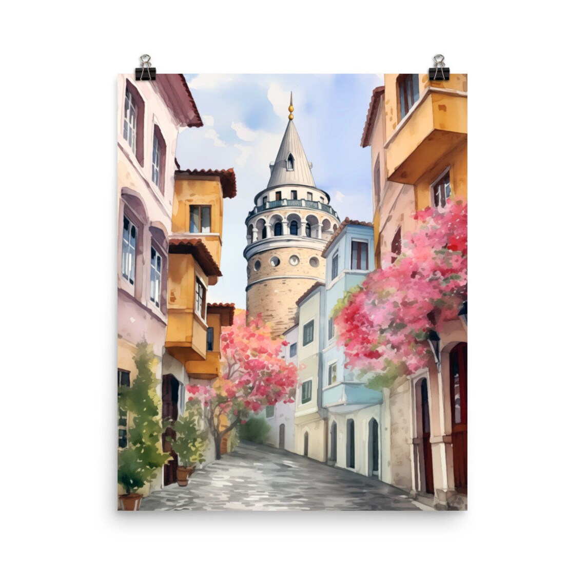 Galata Tower Istanbul Old Street Blossoms Scene Watercolor Poster