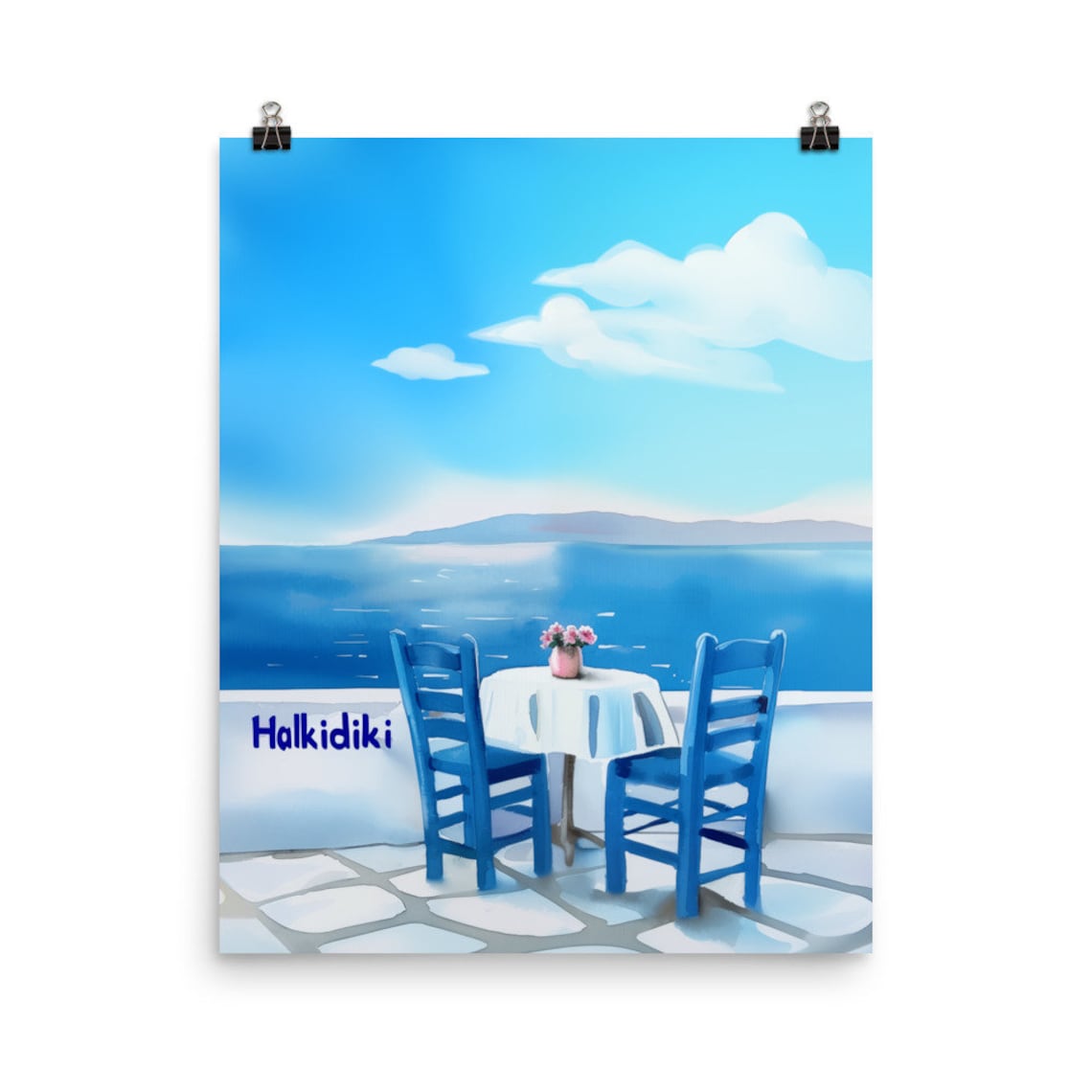 Halkidiki Greece Aegean Cafe Terrace With Blue Chairs Sea View Poster
