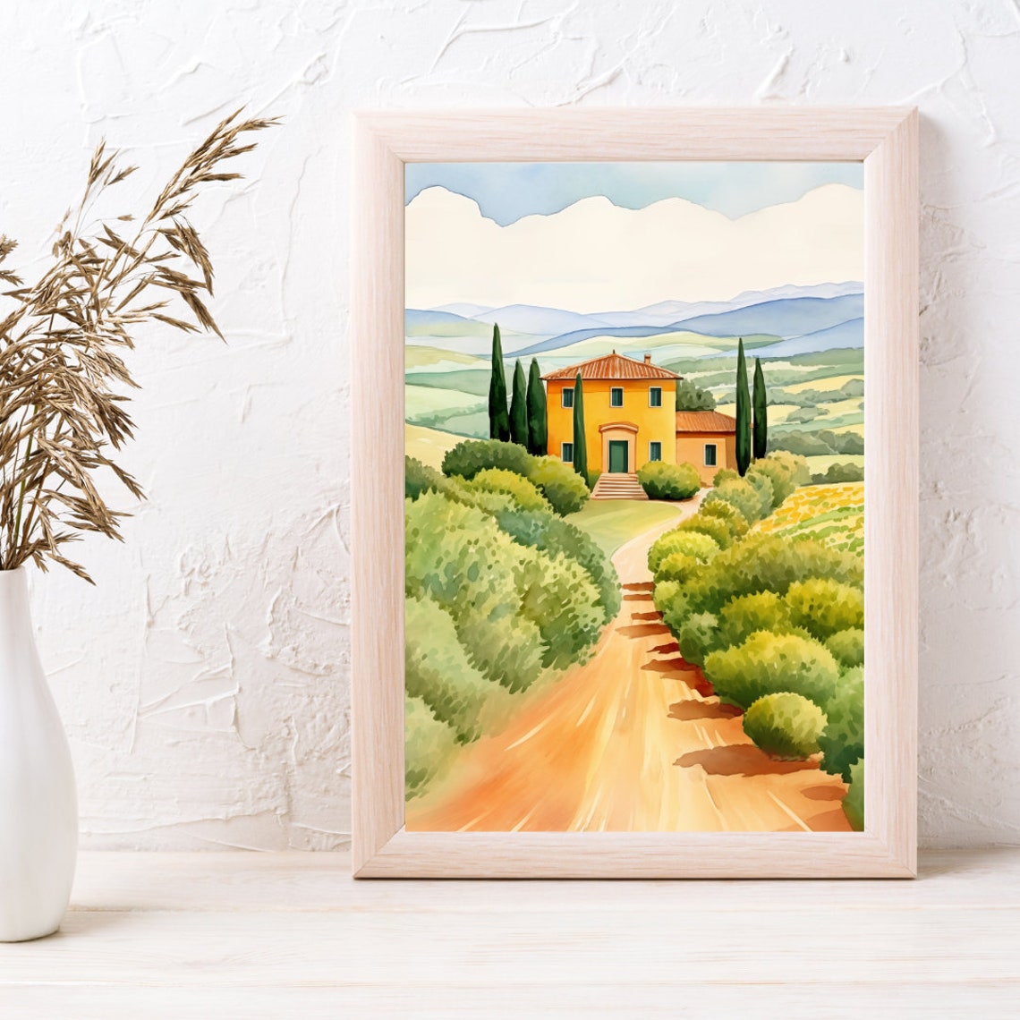 Umbria Yellow Villa with Cypress Trees and Rolling Hills Poster - Image 3