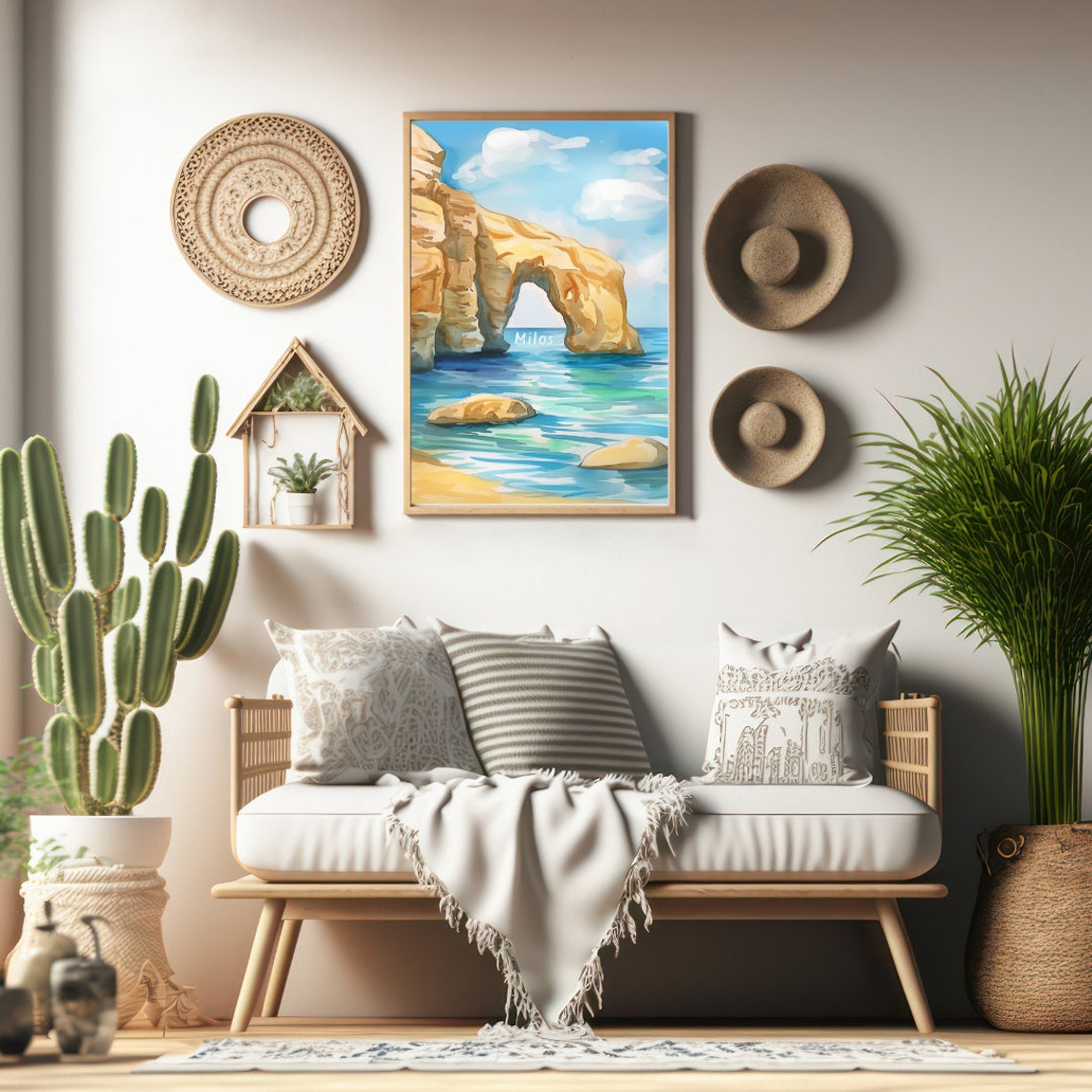 Milos Sea Arch Rock Formation on Aegean Blue Water Watercolor Poster - Image 2