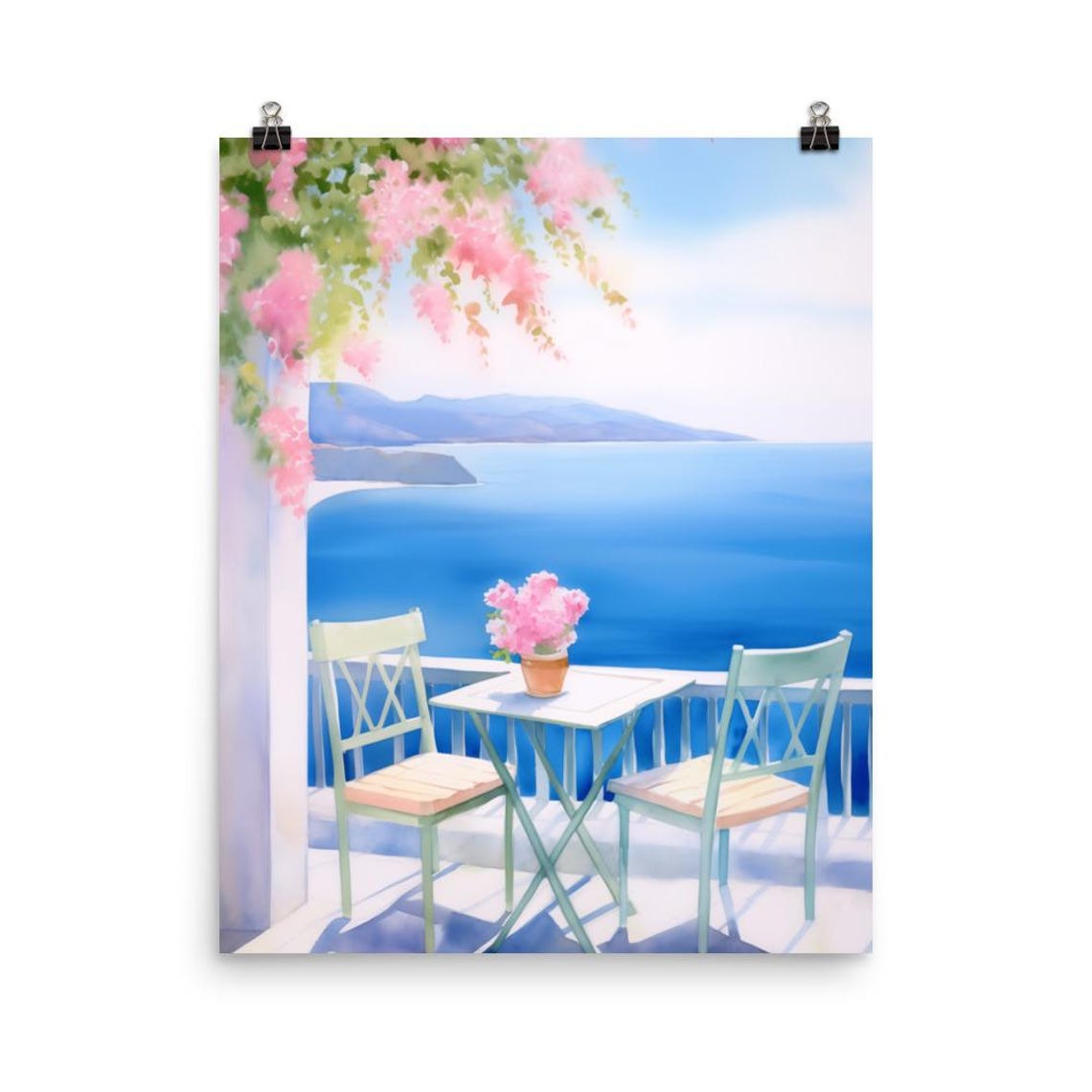 Milos Balcony Table Bougainvillea Aegean Sea View Scene Poster