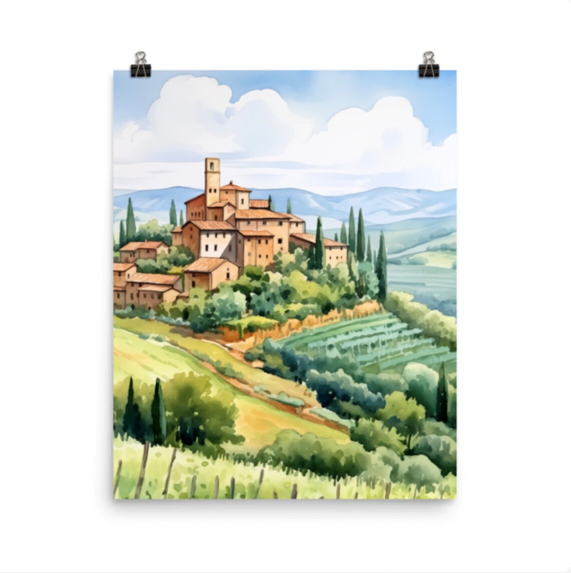 Orvieto Watercolor Travel Poster, Umbria Italy