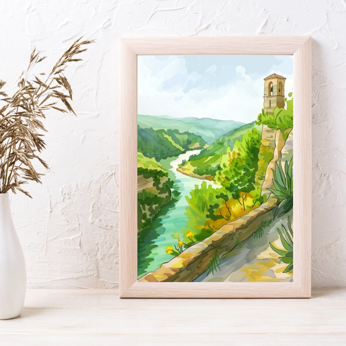 Siurana River Gorge Bell Tower Green Hills Watercolor Poster - Image 3