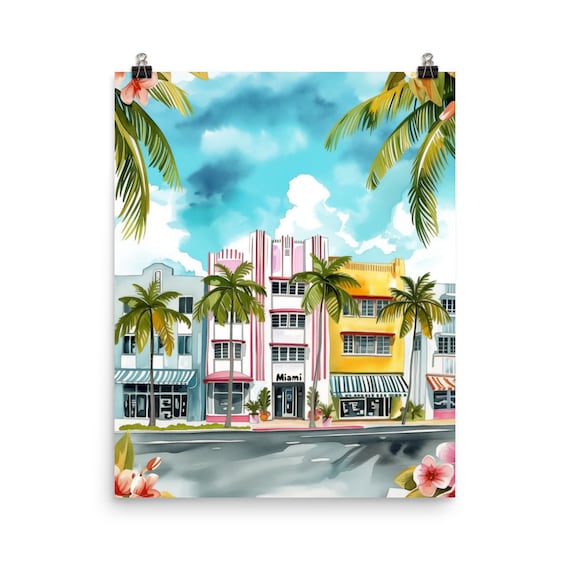 Miami Ocean Drive Art Deco Architecture Watercolor Travel Poster