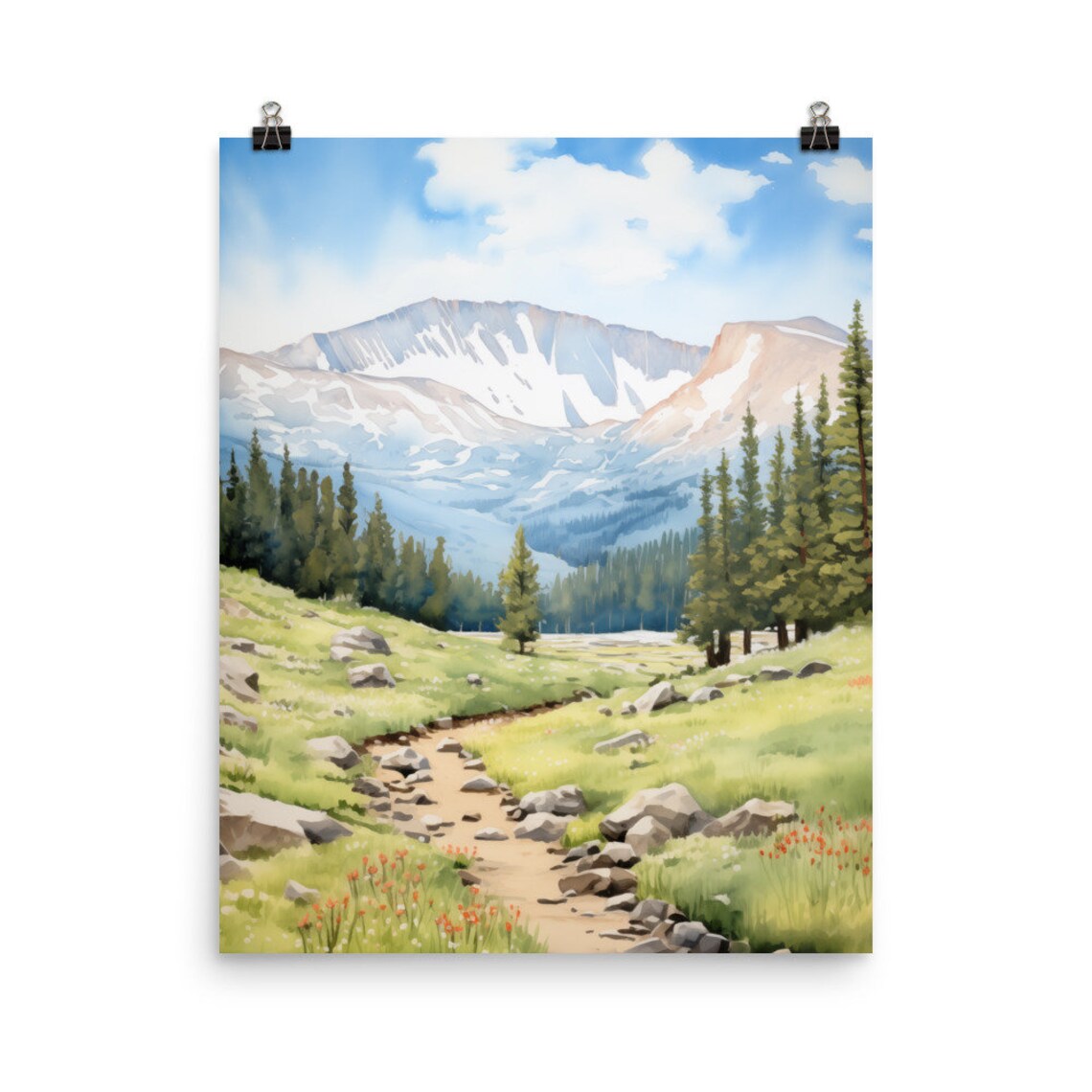 Great Basin Alpine Meadow Trail Snow Peak Scenic Watercolor Poster