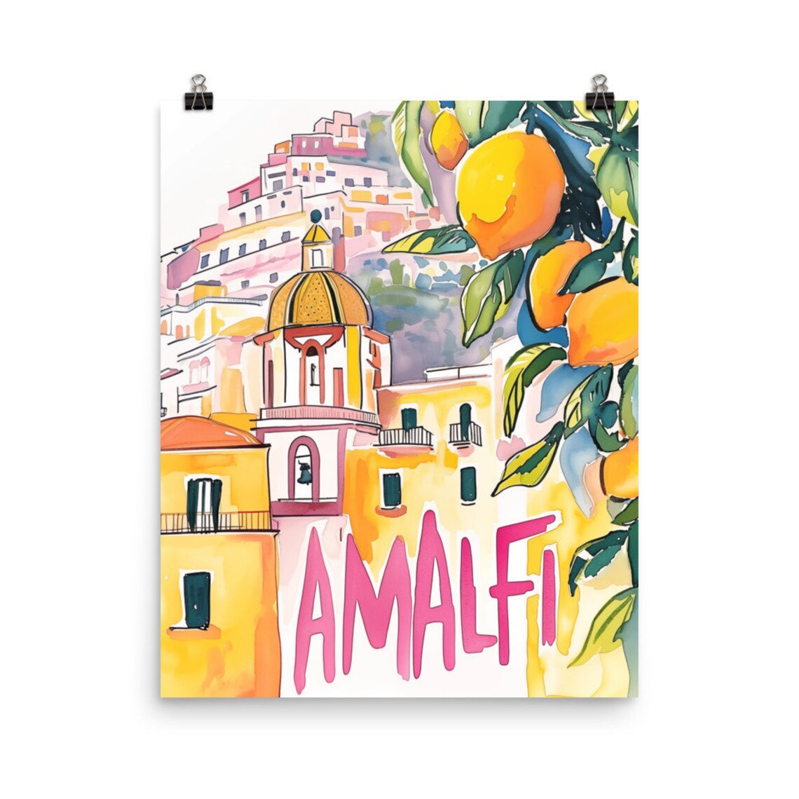 Amalfi Lemons Hill Town Church Pink Lettering Travel Watercolor Poster